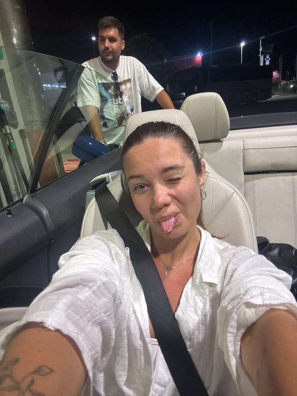 Late-night drive through Dub, Montenegro in a BMW convertible