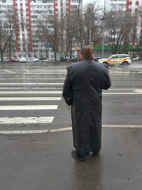 Pedestrians cross street in rainy Khimki, Russia