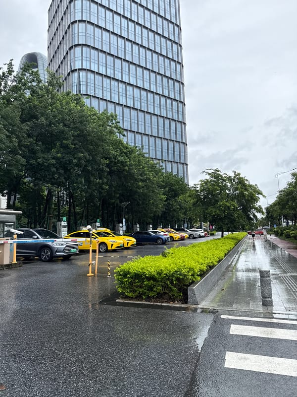 Wet streets and glass towers on a rainy Haizhu morning