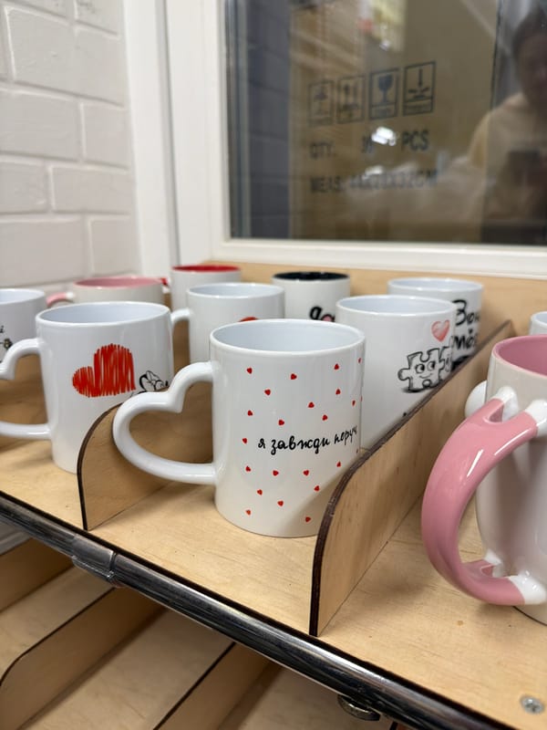 Custom mug printing operation documented in Ternopil workshop