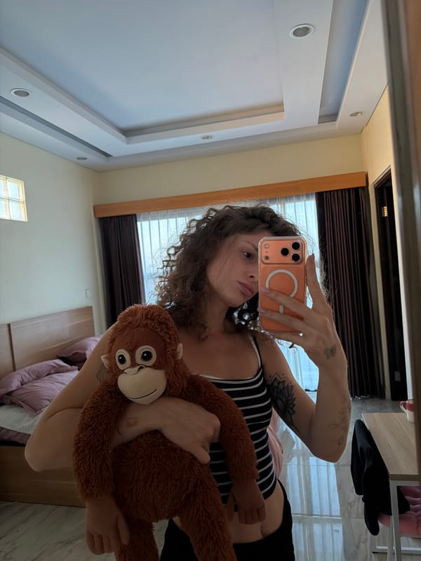 Tourist Takes Selfies with Stuffed Monkey in North Kuta Hotel