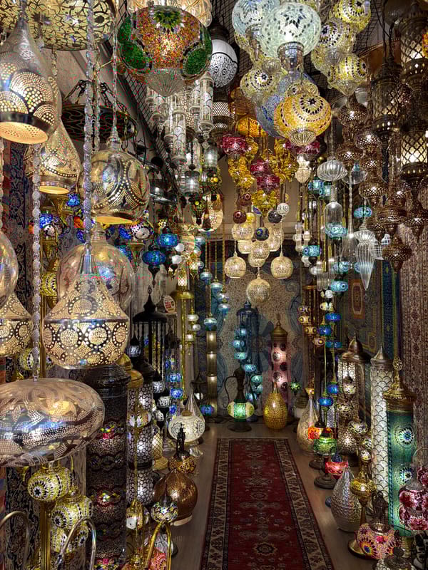 Tourist captures traditional Turkish lamp and carpet shop interior