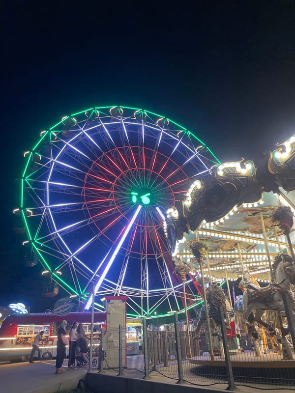 Lit-up Ferris wheel and carousel at a Russian amusement park