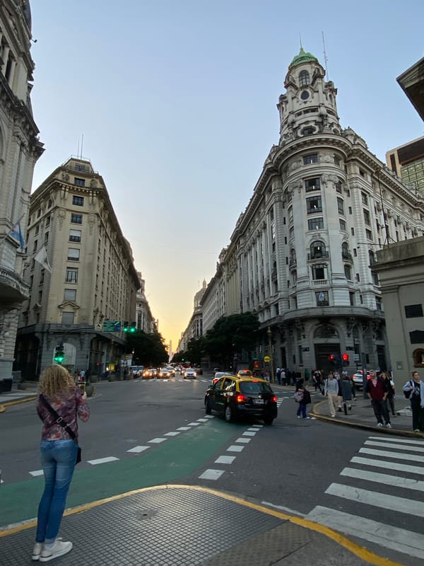 Evening street life captured around Buenos Aires Plaza de Mayo