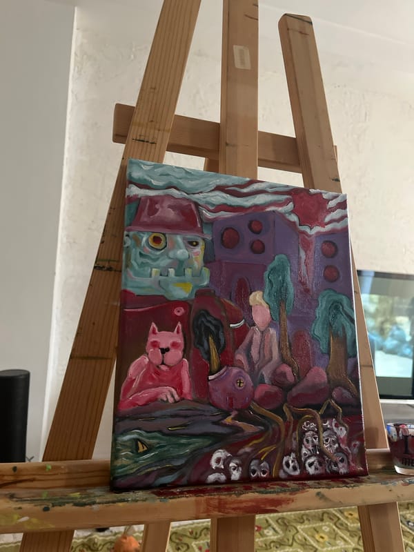 Abstract painting with blue figure, pink cat observed on easel